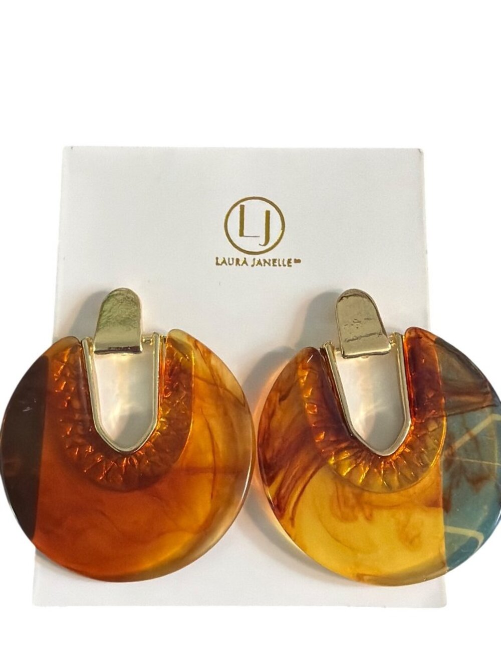 Laura Janelle Earrings Gold Tone Resin Circle Hoop Doorknocker 2" New Card